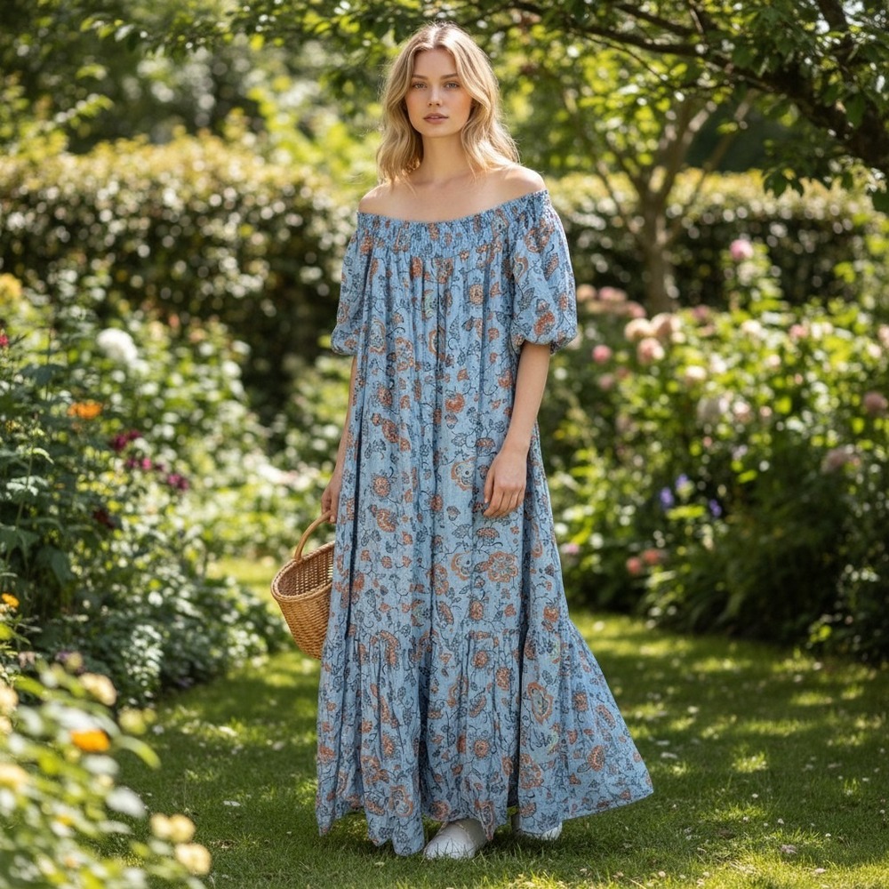 Marissa Olivia Floral Maxi Dress Womens M Blue Boho Smocked Tiered Puff Sleeve